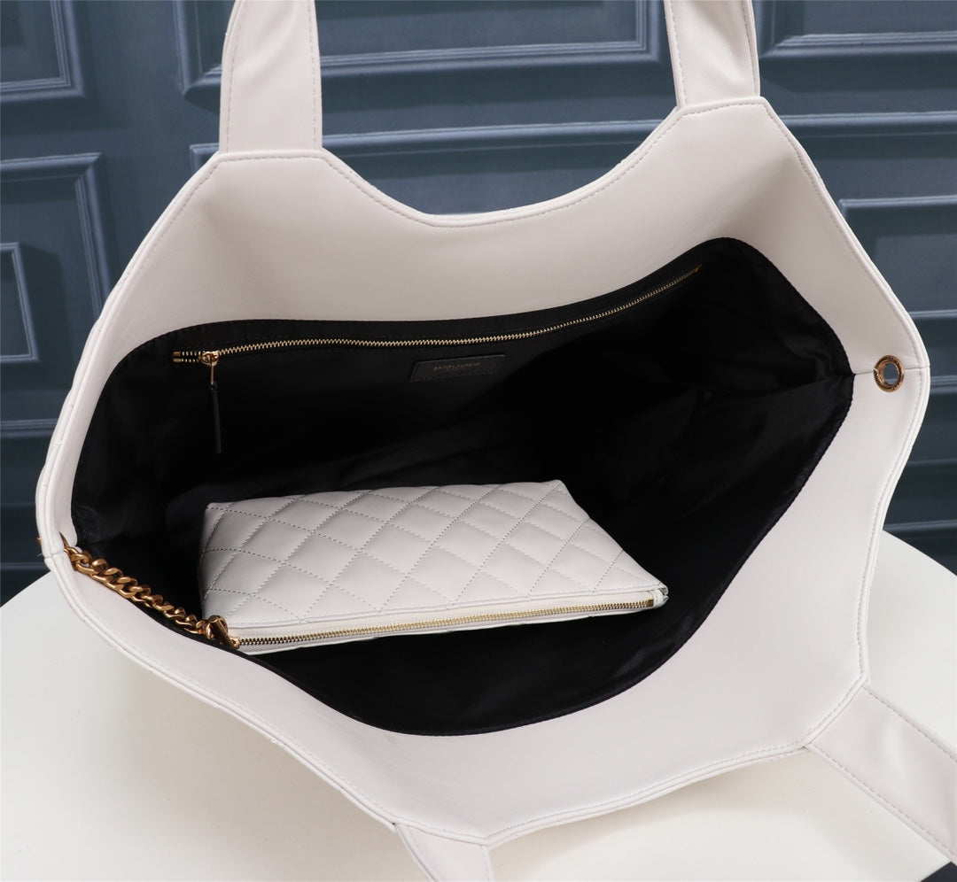 Saint Laurent Icare Maxi Shopping Bag - White Quilted Leather Tote with Gold YSL Logo