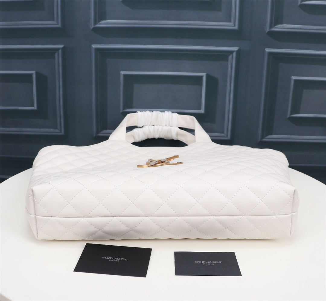 Saint Laurent Icare Maxi Shopping Bag - White Quilted Leather Tote with Gold YSL Logo