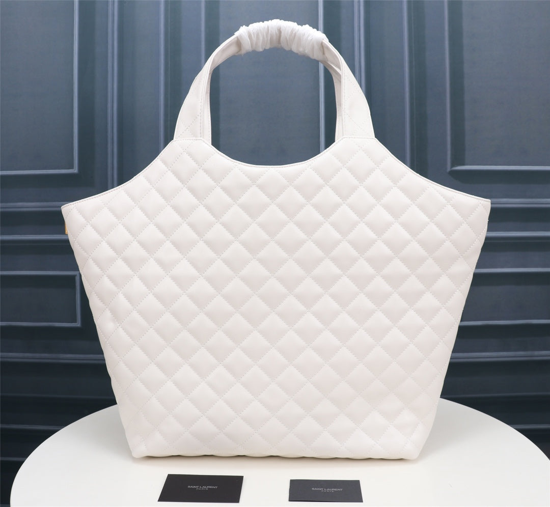 Saint Laurent Icare Maxi Shopping Bag - White Quilted Leather Tote with Gold YSL Logo