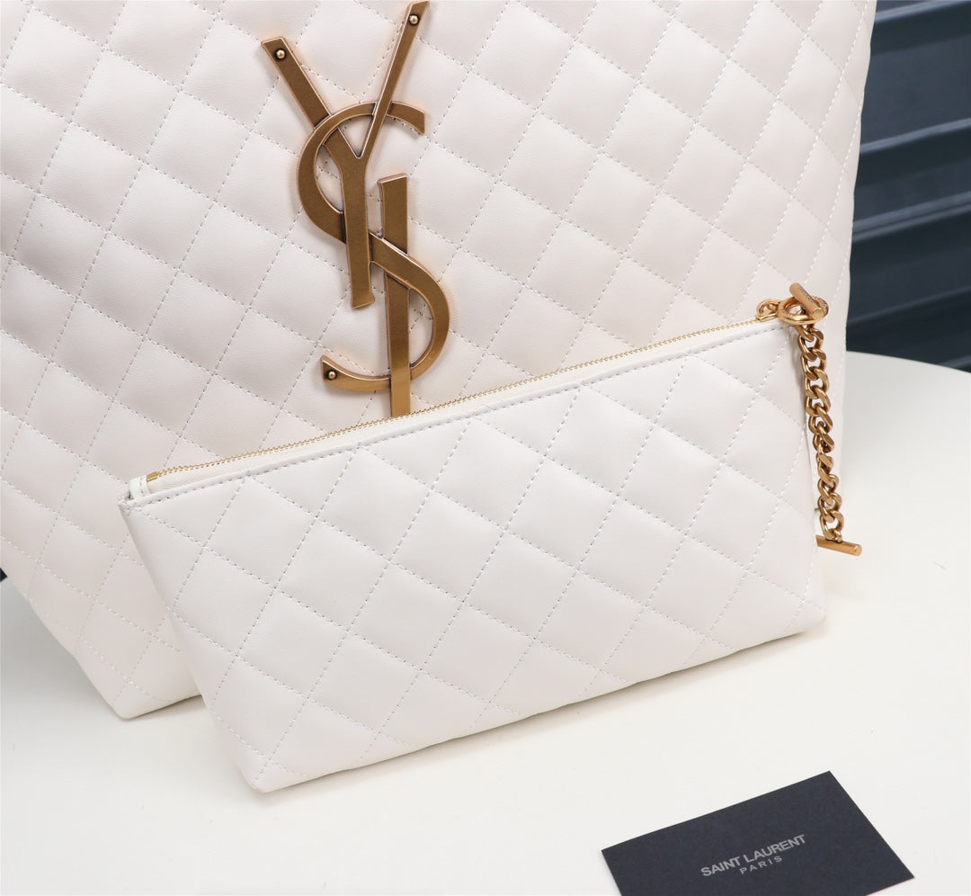 Saint Laurent Icare Maxi Shopping Bag - White Quilted Leather Tote with Gold YSL Logo