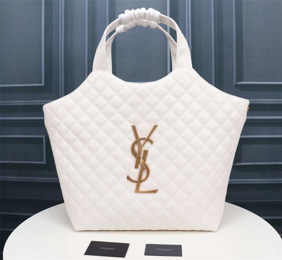 Saint Laurent Icare Maxi Shopping Bag - White Quilted Leather Tote with Gold YSL Logo