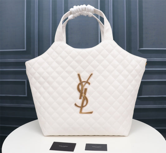 Saint Laurent Icare Maxi Shopping Bag - White Quilted Leather Tote with Gold YSL Logo