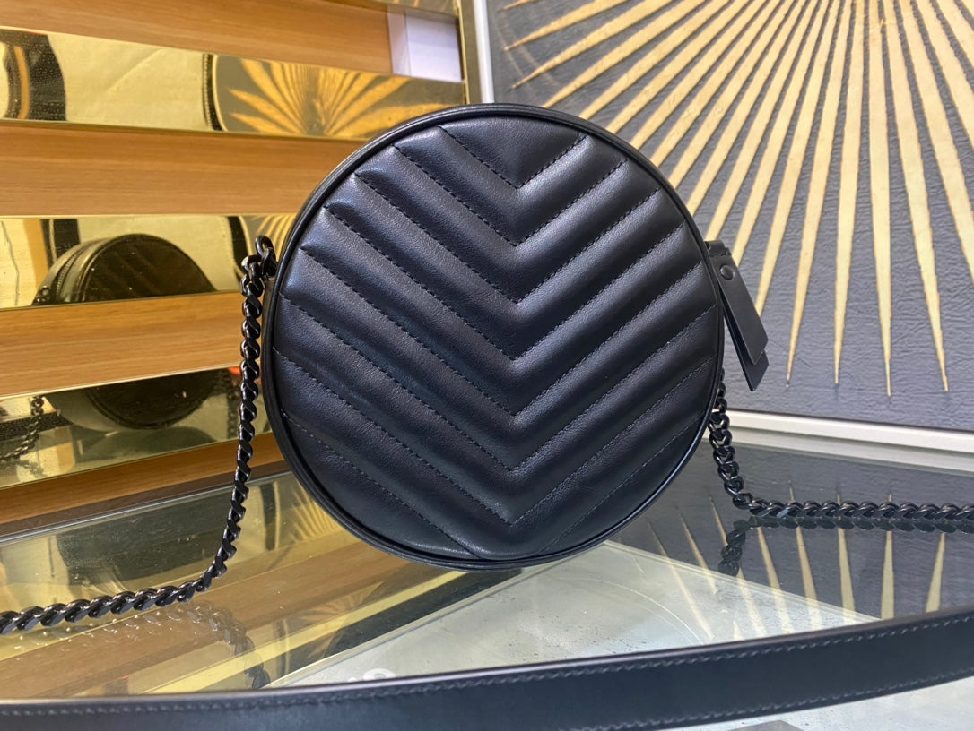Saint Laurent Vinyle Round Camera Bag in Matelassé Grain de Poudre Embossed Leather