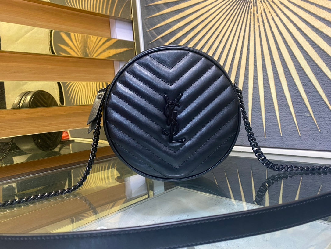 Saint Laurent Vinyle Round Camera Bag in Matelassé Grain de Poudre Embossed Leather