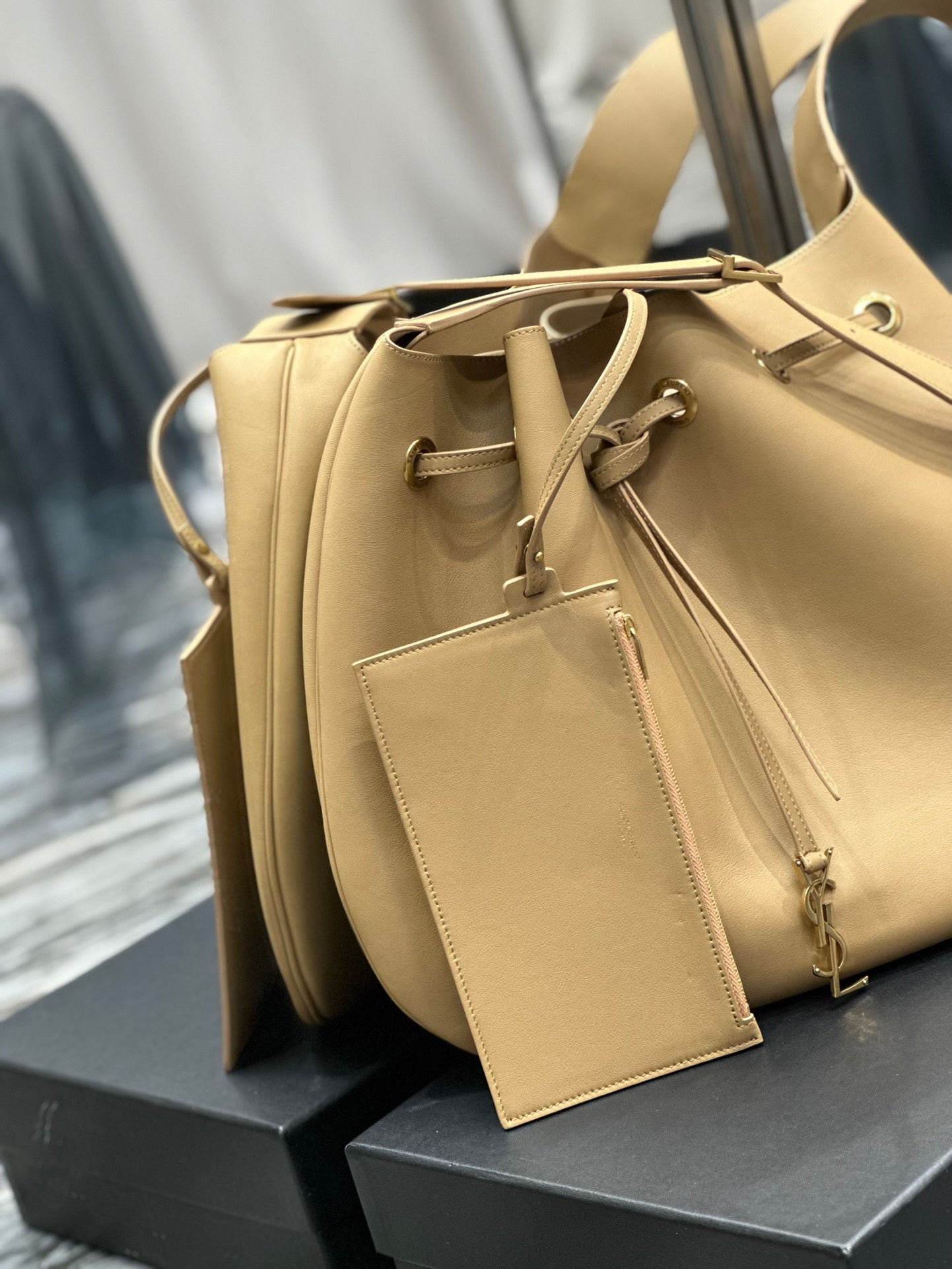 Saint Laurent Beige Leather Joe Bucket Bag with Detachable Pouch