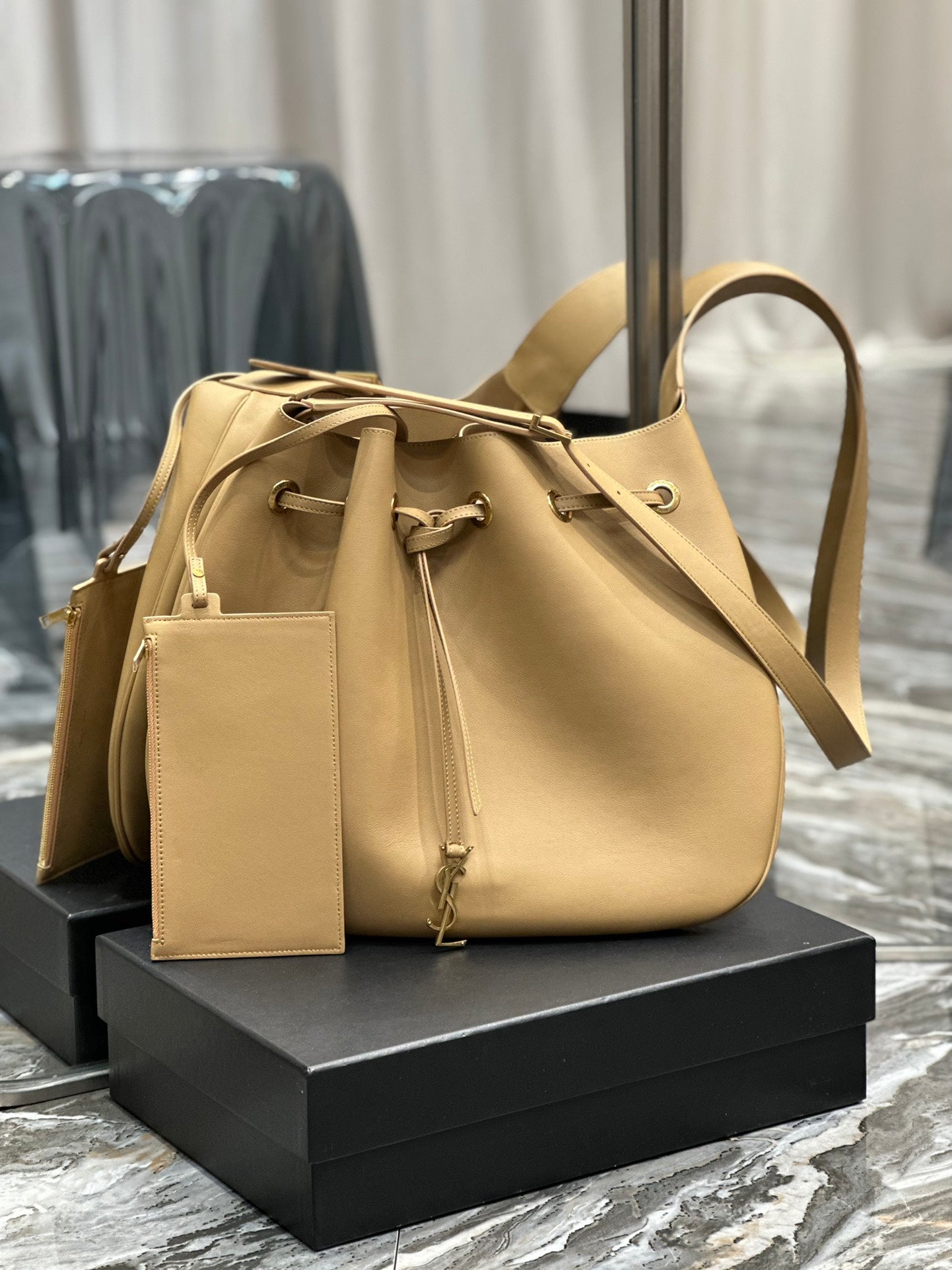 Saint Laurent Beige Leather Joe Bucket Bag with Detachable Pouch