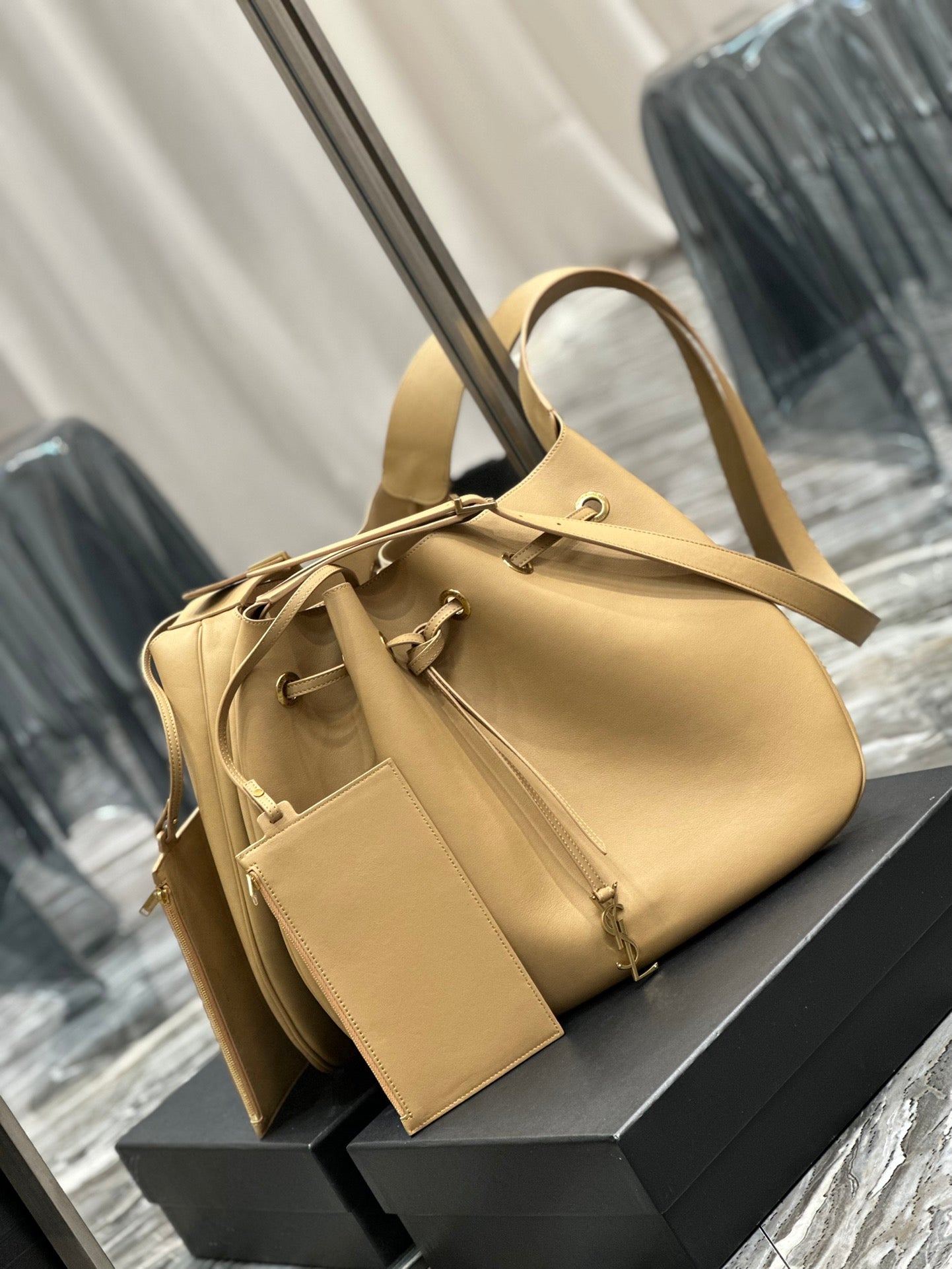Saint Laurent Beige Leather Joe Bucket Bag with Detachable Pouch