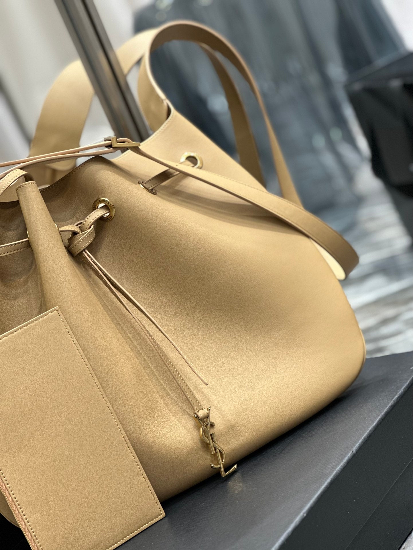 Saint Laurent Beige Leather Joe Bucket Bag with Detachable Pouch