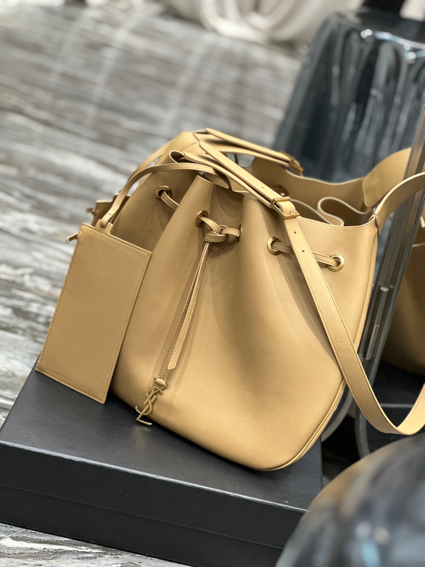 Saint Laurent Beige Leather Joe Bucket Bag with Detachable Pouch