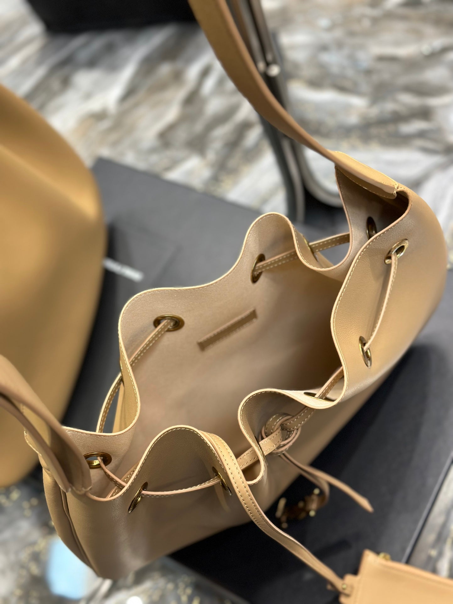 Saint Laurent Beige Leather Joe Bucket Bag with Detachable Pouch