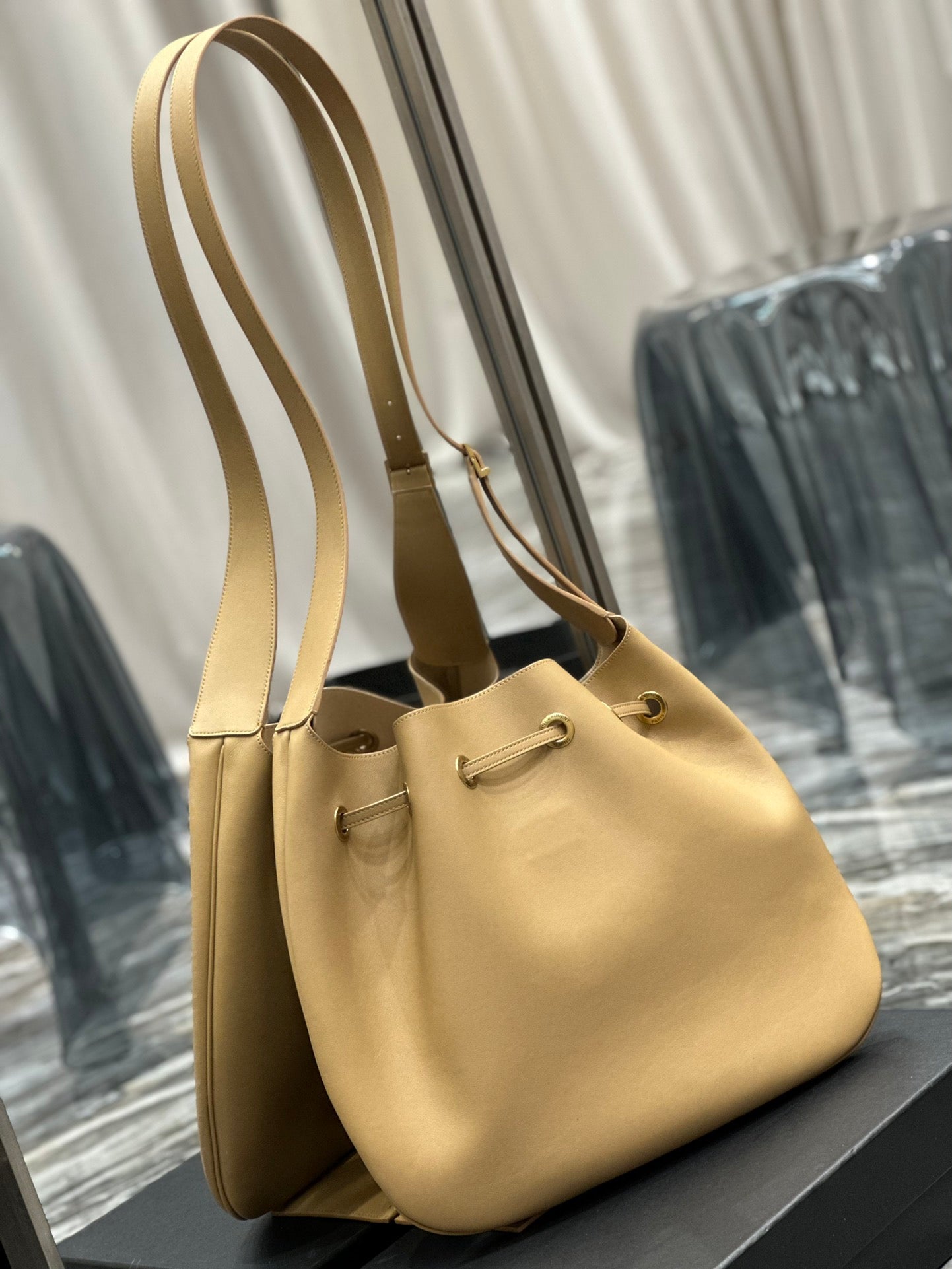 Saint Laurent Beige Leather Joe Bucket Bag with Detachable Pouch