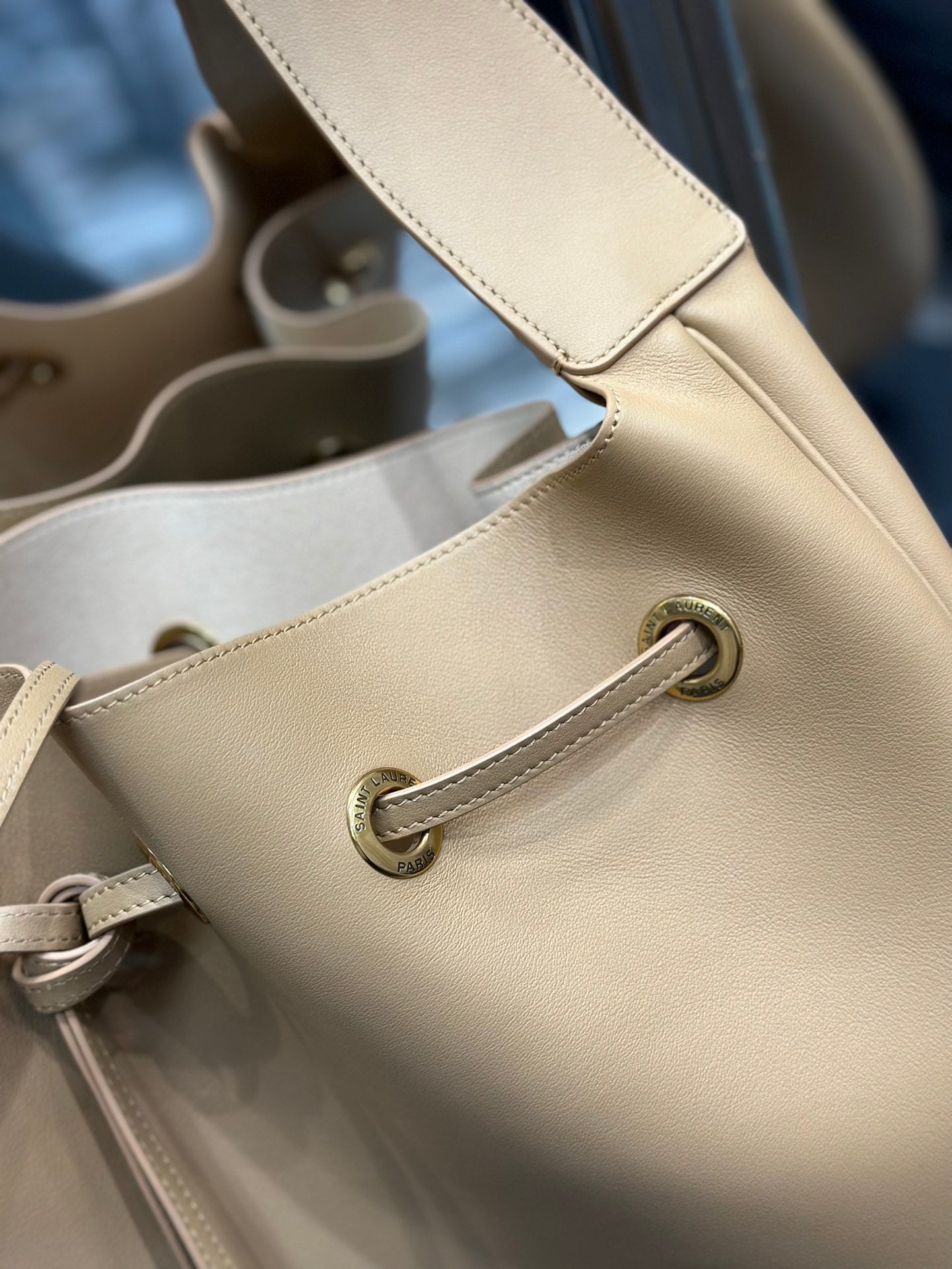 Saint Laurent Beige Leather Joe Bucket Bag with Detachable Pouch