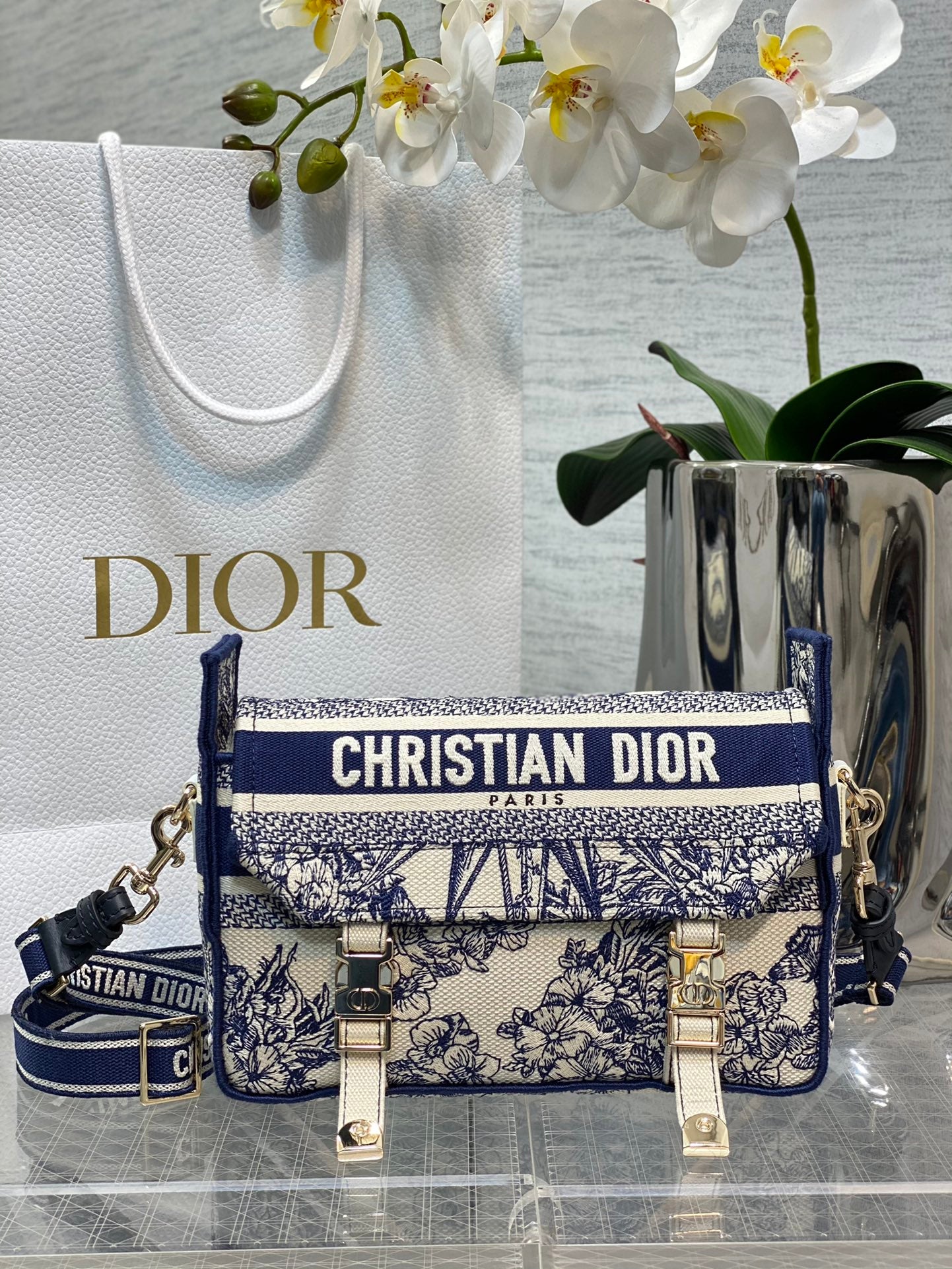 Christian Dior Blue Toile de Jouy Embroidered Diorcamp Bag