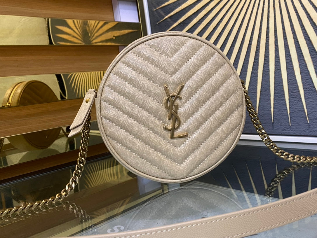 Saint Laurent Vinyle Round Crossbody Bag - Beige Matelassé Leather