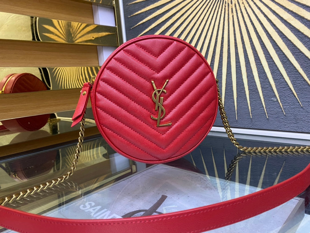 Saint Laurent Vinyle Round Camera Bag in Matelassé Chevron Leather - Red