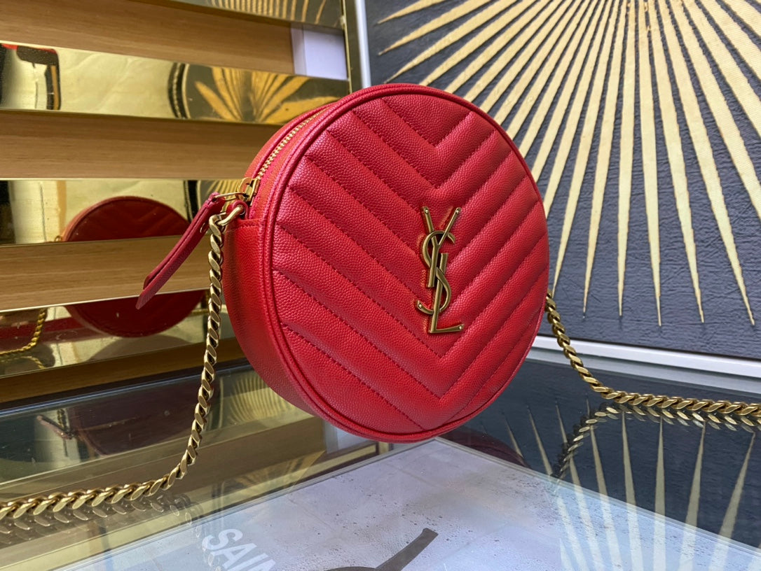 Saint Laurent Vinyle Round Camera Bag in Matelassé Chevron Leather - Red