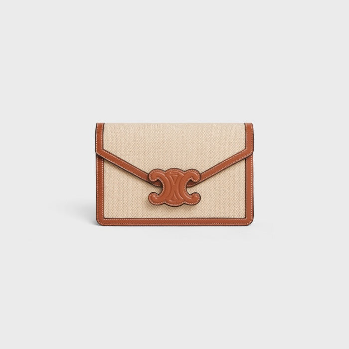 Celine Cuir Triomphe Wallet on Strap in Textile and Calfskin - Tan/Natural