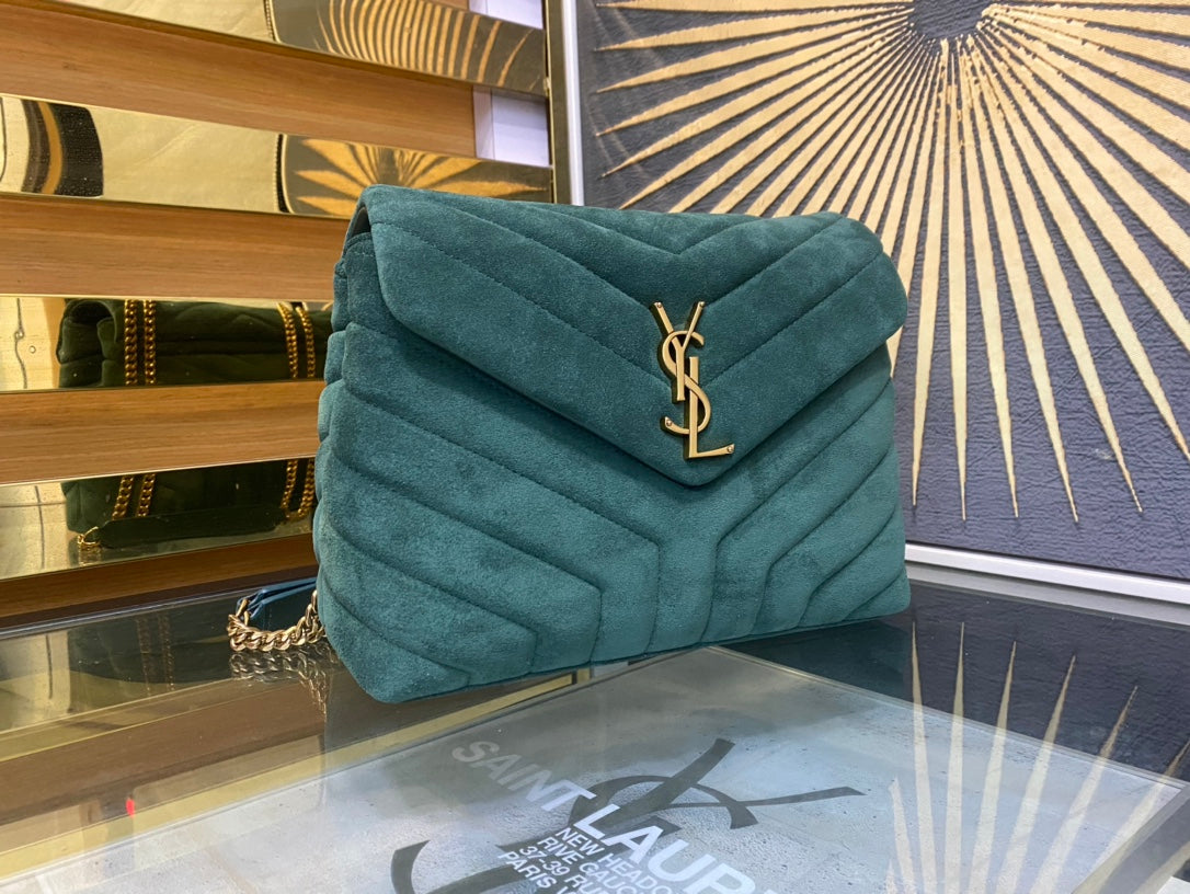 Saint Laurent Small Loulou Shoulder Bag in Quilted Green Suede