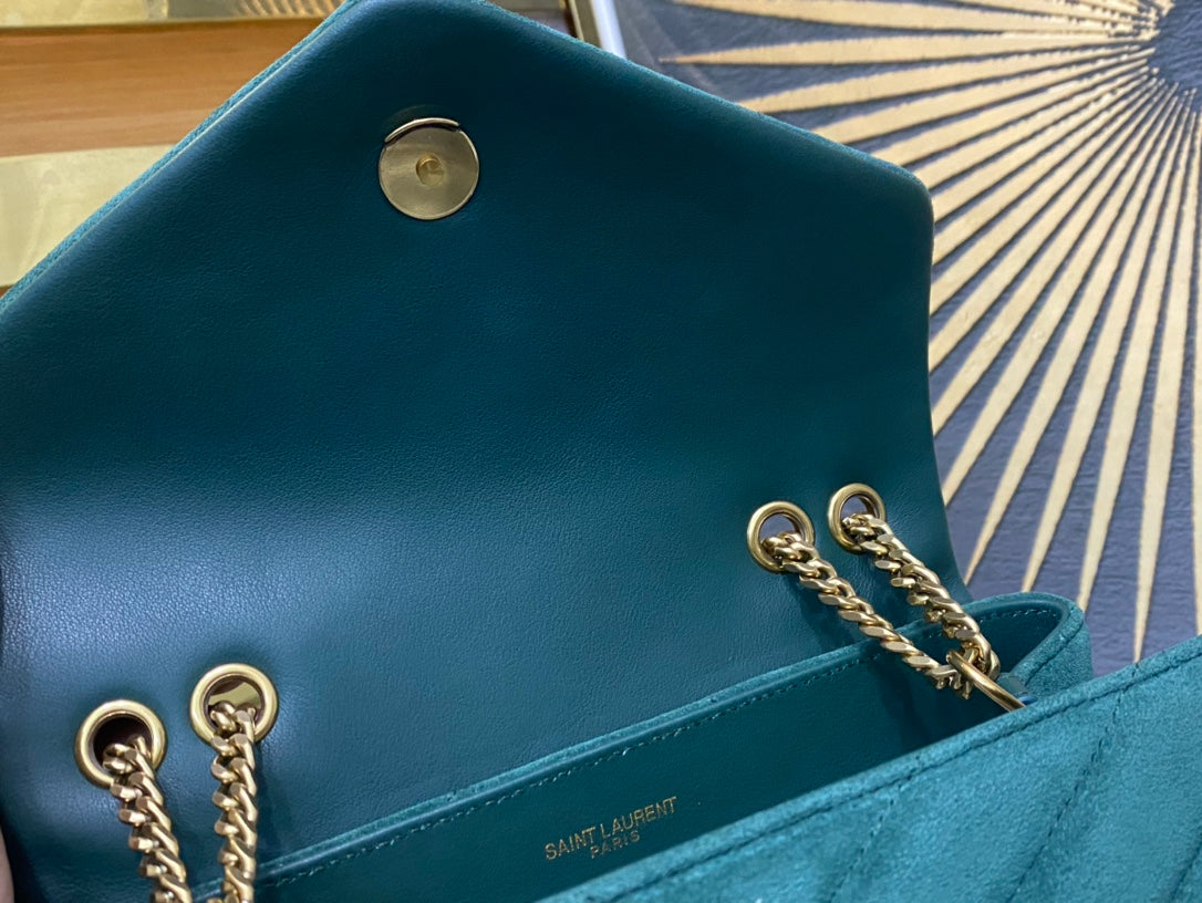 Saint Laurent Small Loulou Shoulder Bag in Quilted Green Suede