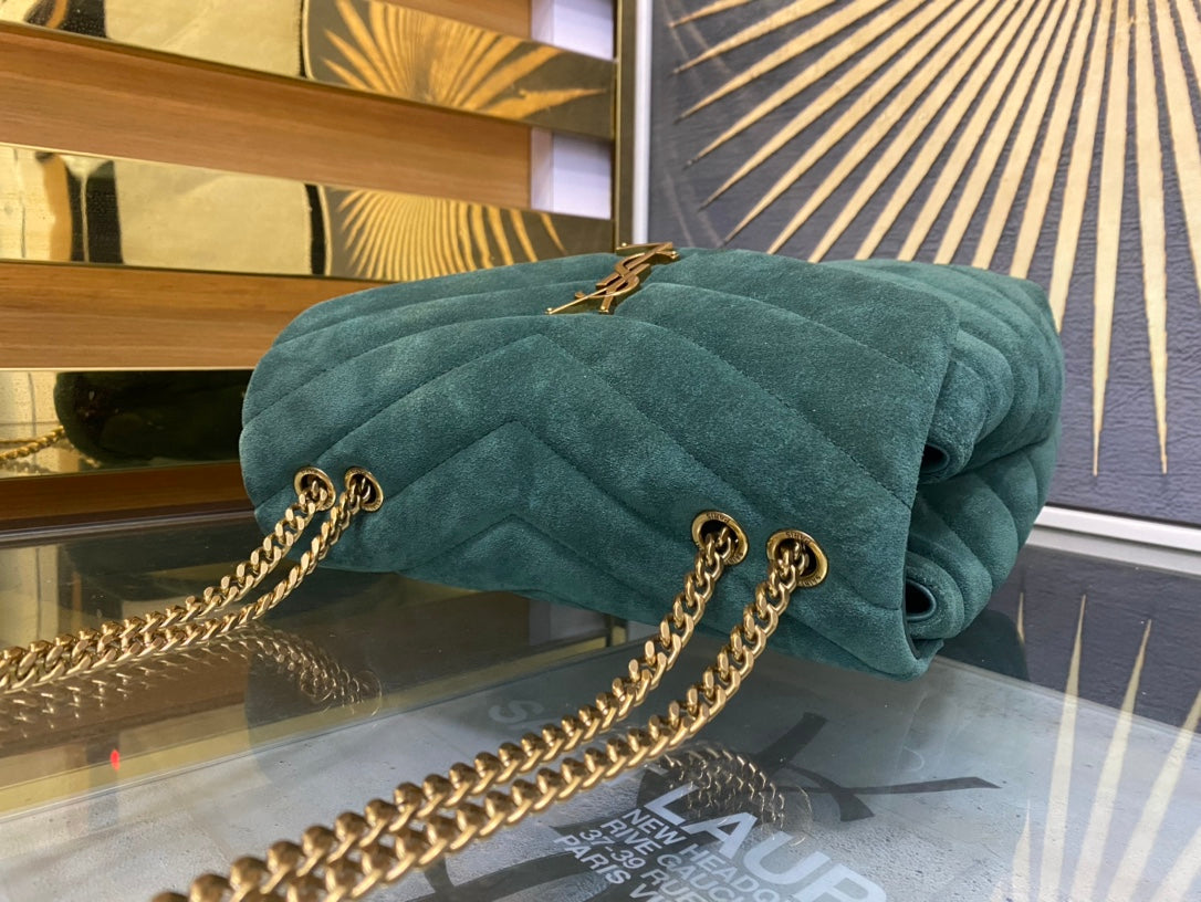 Saint Laurent Small Loulou Shoulder Bag in Quilted Green Suede