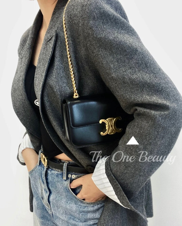 Celine Triomphe Leather Shoulder Bag in Black with Gold Hardware