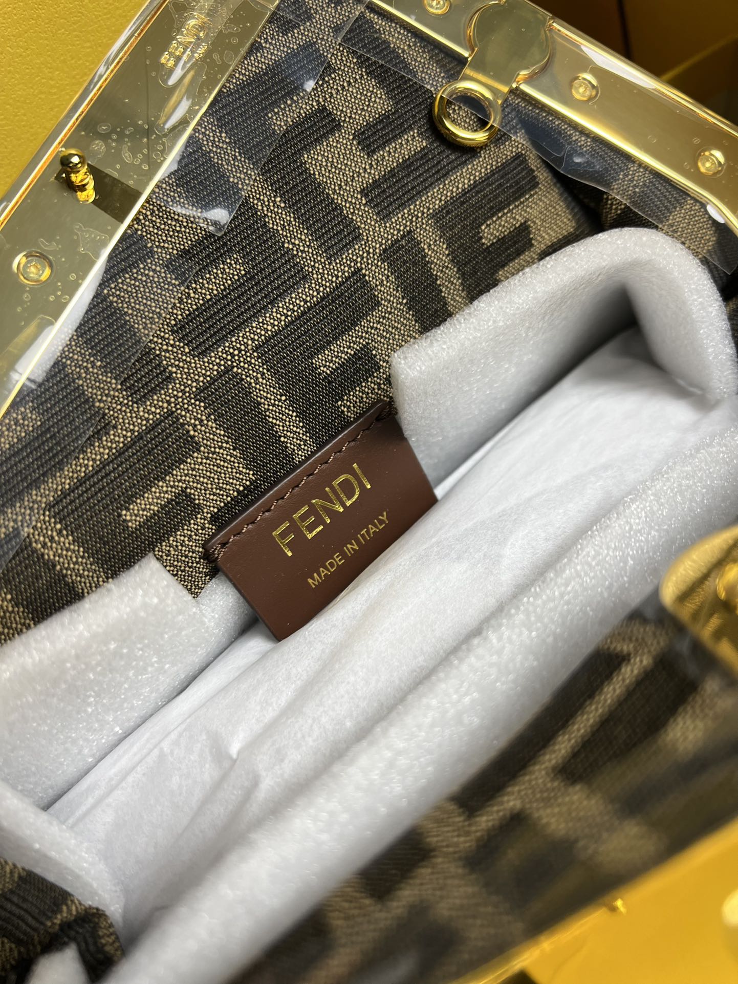 Fendi First Small Leather Clutch Bag - Tan with Python-Print Frame