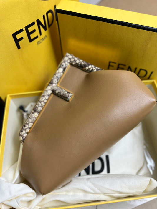 Fendi First Small Leather Clutch Bag - Tan with Python-Print Frame