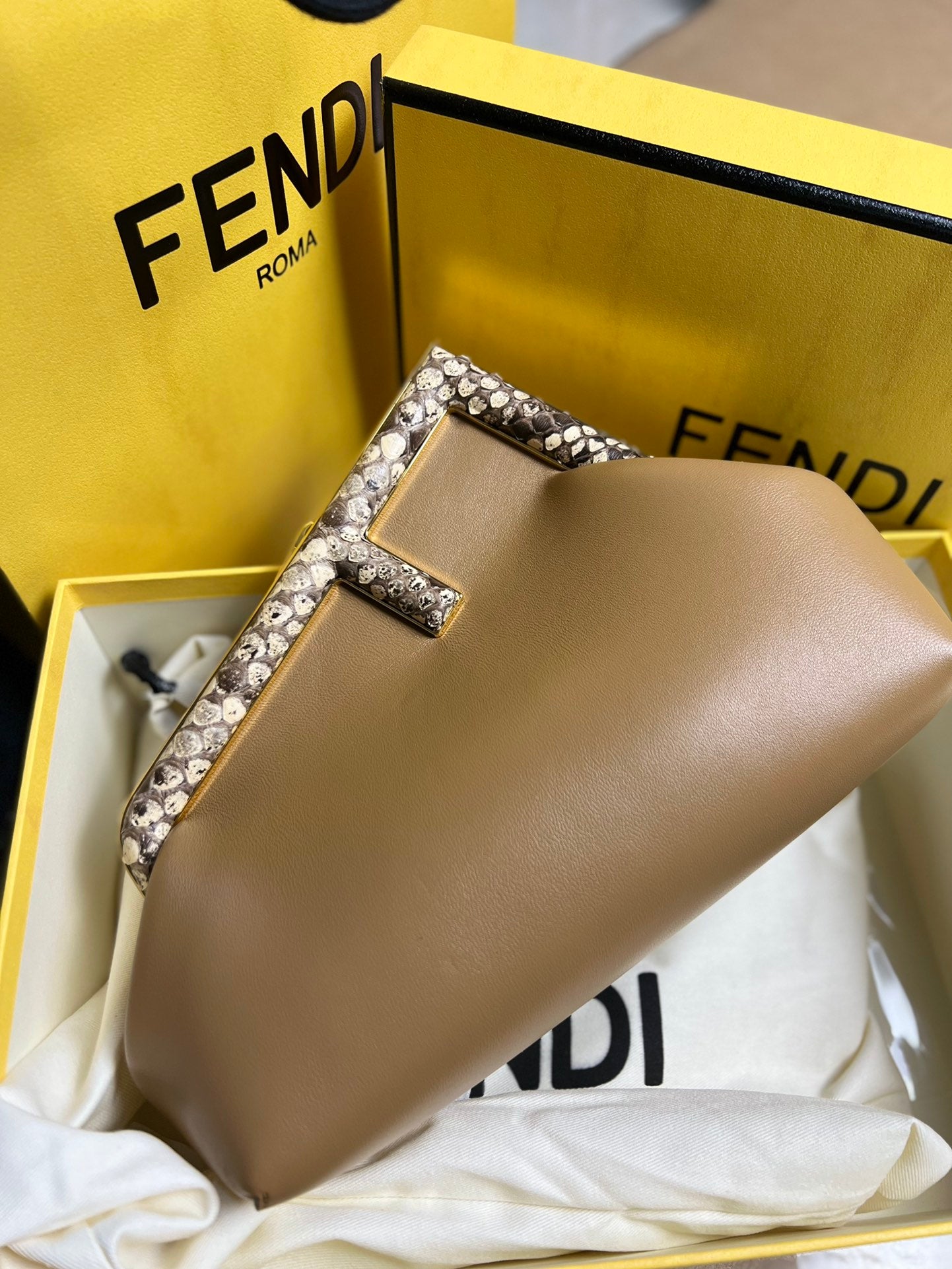 Fendi First Small Leather Clutch Bag - Tan with Python-Print Frame