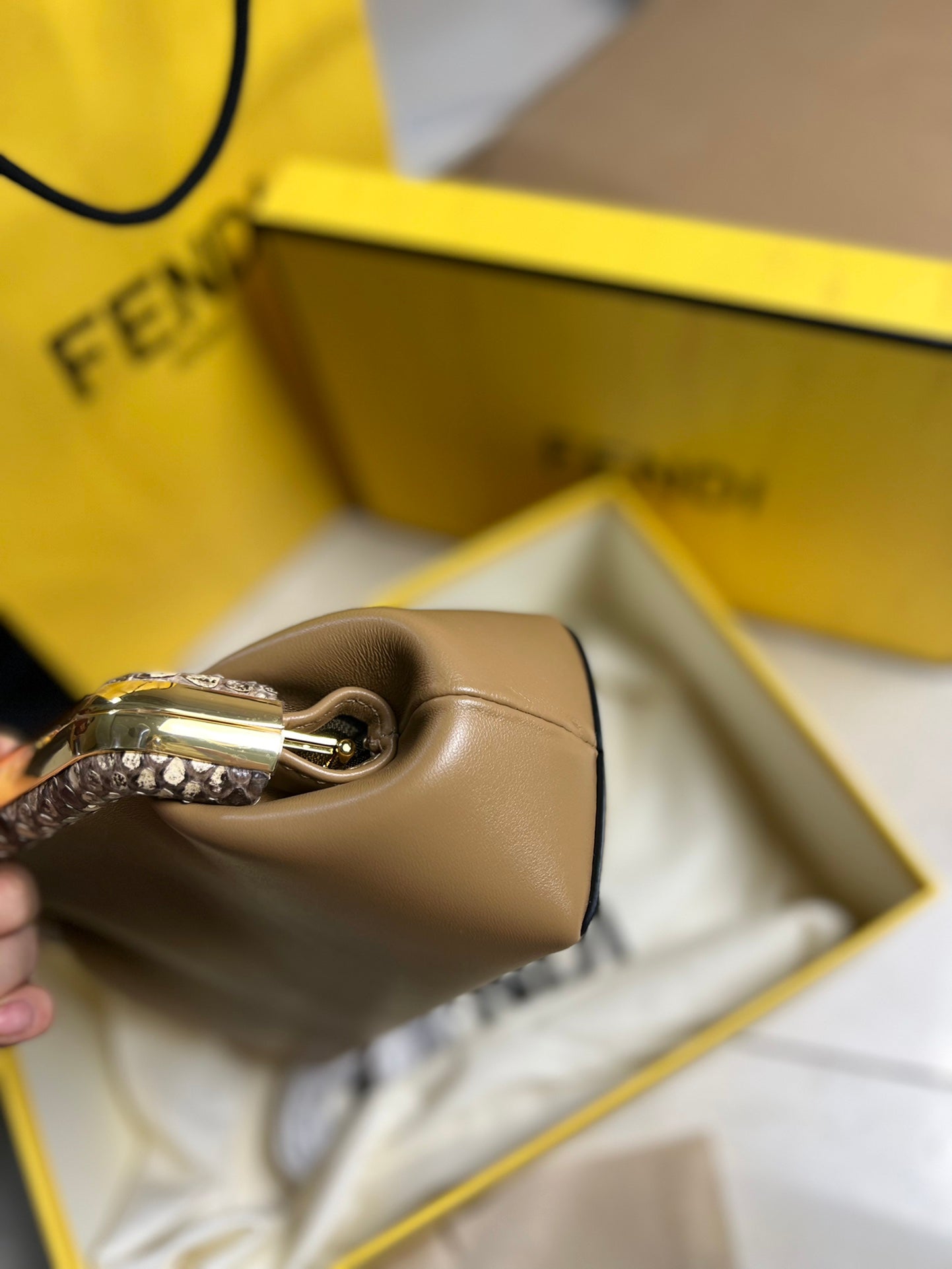 Fendi First Small Leather Clutch Bag - Tan with Python-Print Frame