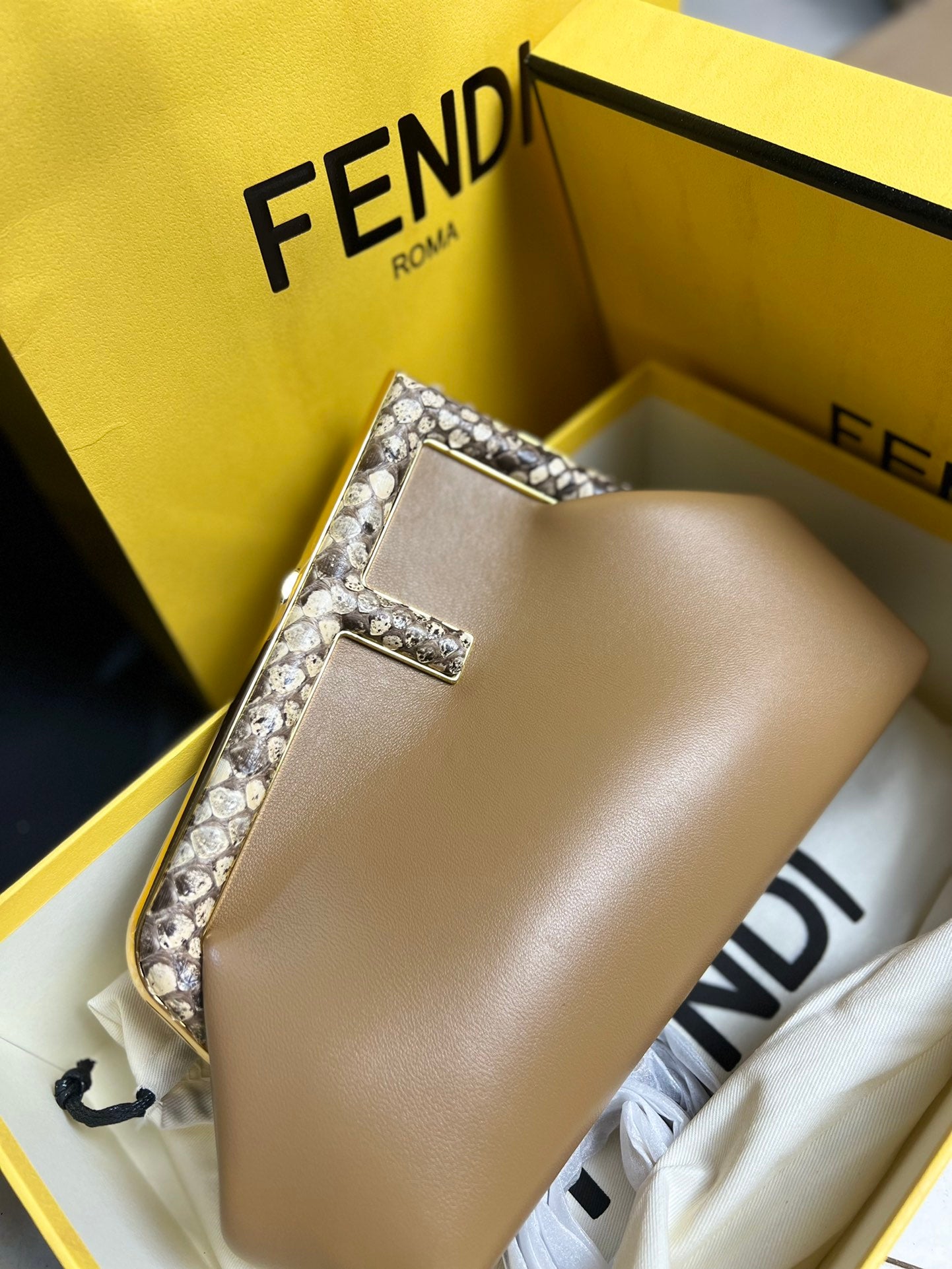 Fendi First Small Leather Clutch Bag - Tan with Python-Print Frame