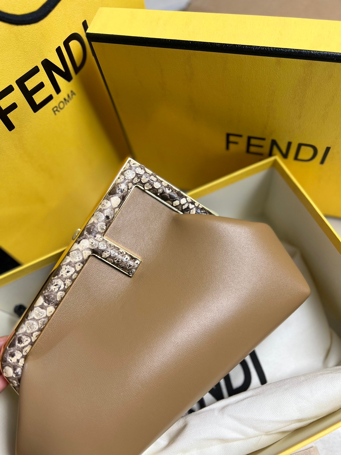 Fendi First Small Leather Clutch Bag - Tan with Python-Print Frame