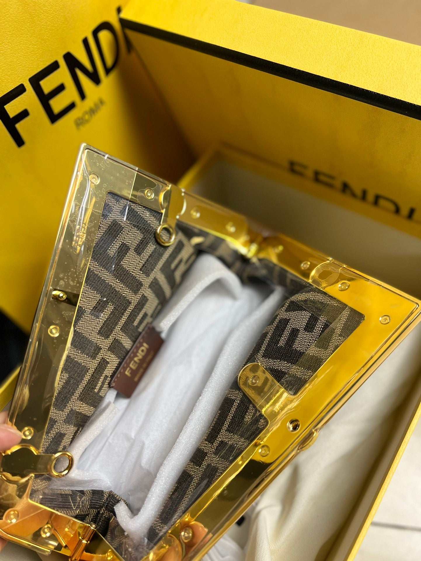 Fendi First Small Leather Clutch Bag - Tan with Python-Print Frame