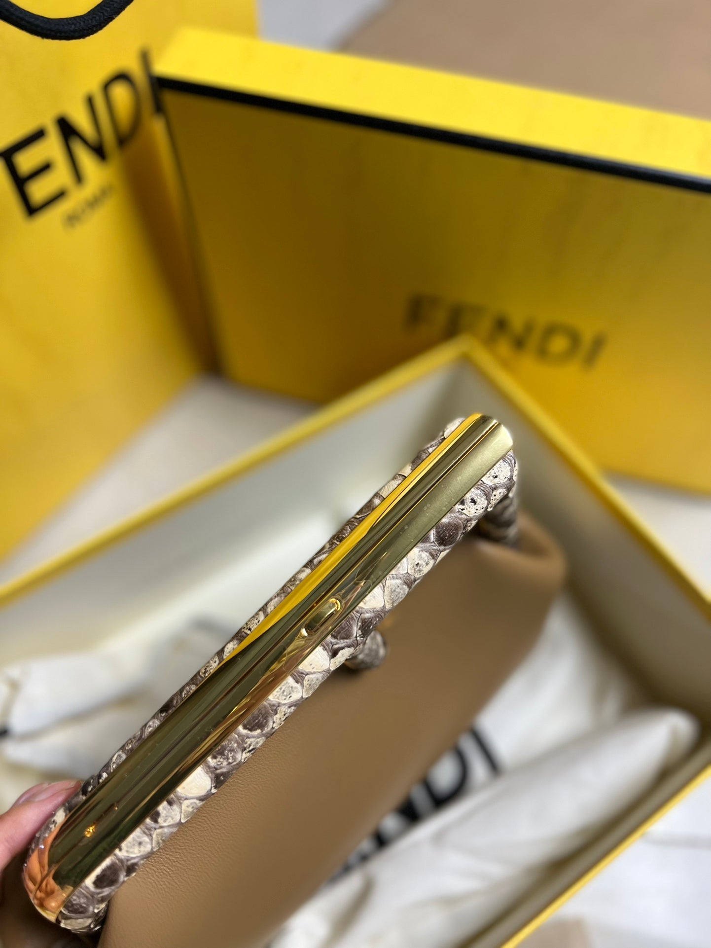 Fendi First Small Leather Clutch Bag - Tan with Python-Print Frame