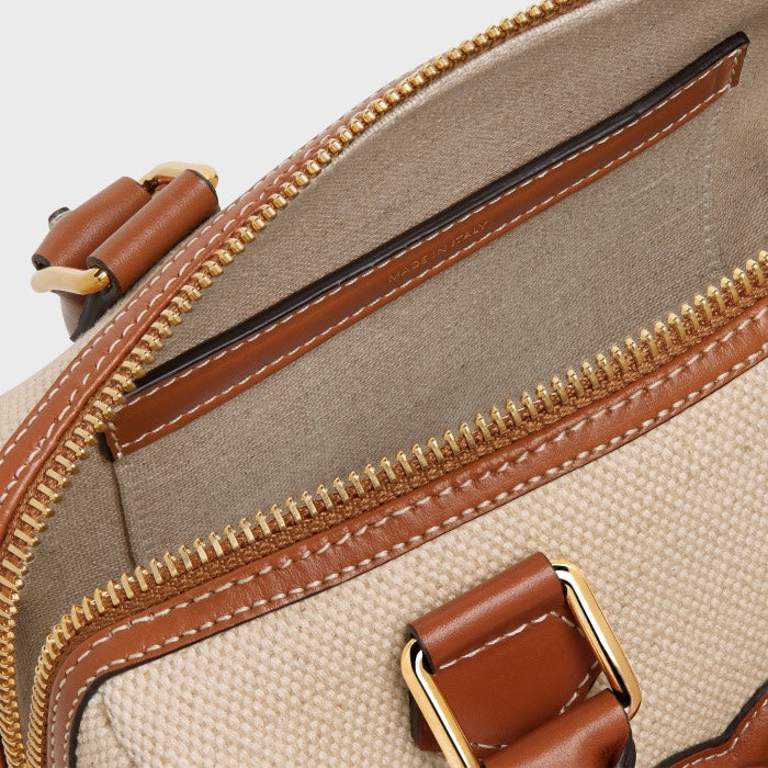 Celine Small Boston Bag in Textile with Cuir Triomphe - Beige/Tan