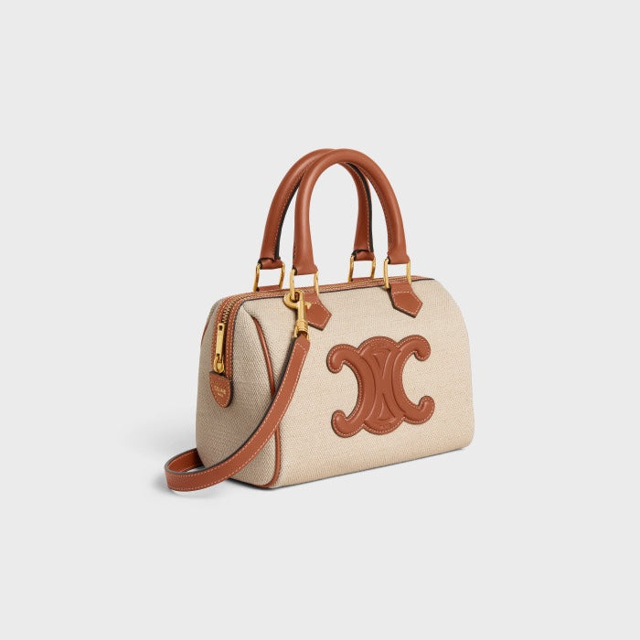 Celine Small Boston Bag in Textile with Cuir Triomphe - Beige/Tan
