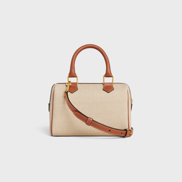 Celine Small Boston Bag in Textile with Cuir Triomphe - Beige/Tan