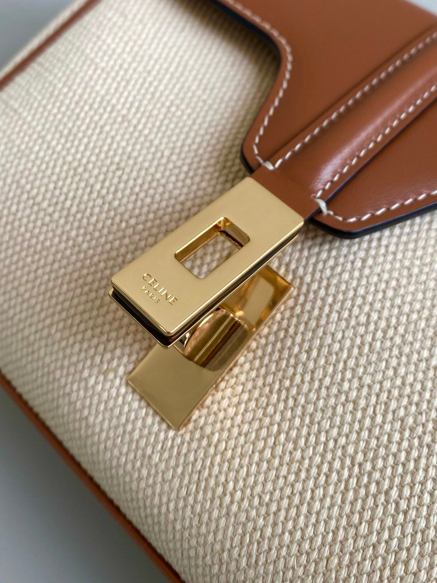 Elegant Two-Tone Canvas and Leather Crossbody Shoulder Bag with Gold Hardware