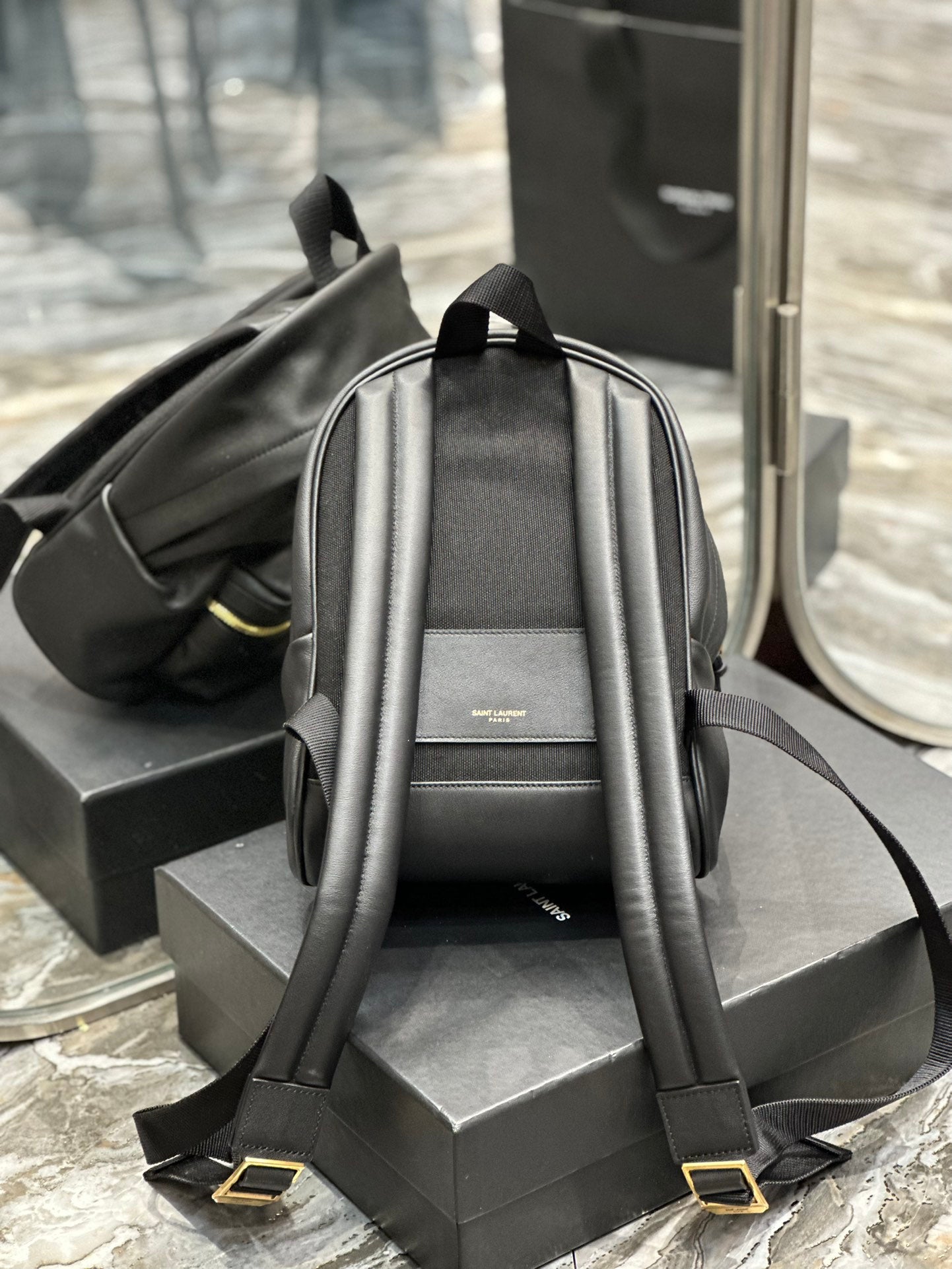Saint Laurent Black Leather City Backpack - Small Designer Rucksack with Gold Zipper