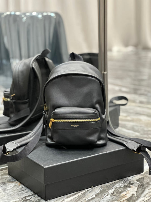 Saint Laurent Black Leather City Backpack - Small Designer Rucksack with Gold Zipper