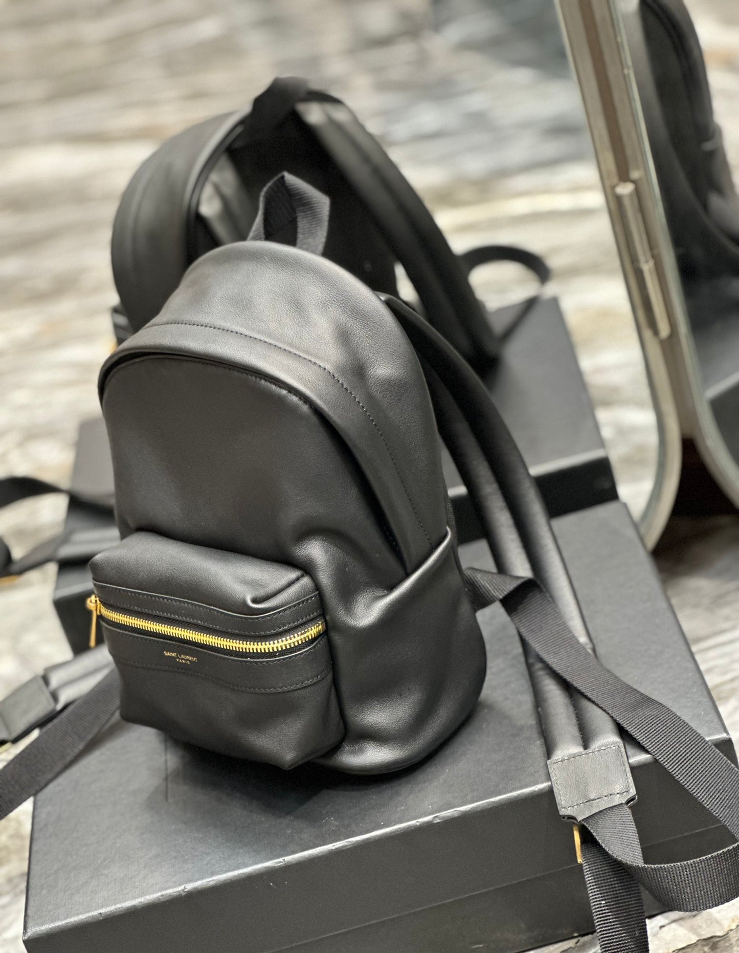 Saint Laurent Black Leather City Backpack - Small Designer Rucksack with Gold Zipper