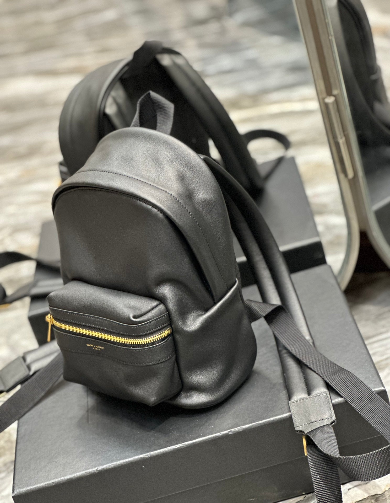 Saint Laurent Black Leather City Backpack - Small Designer Rucksack with Gold Zipper