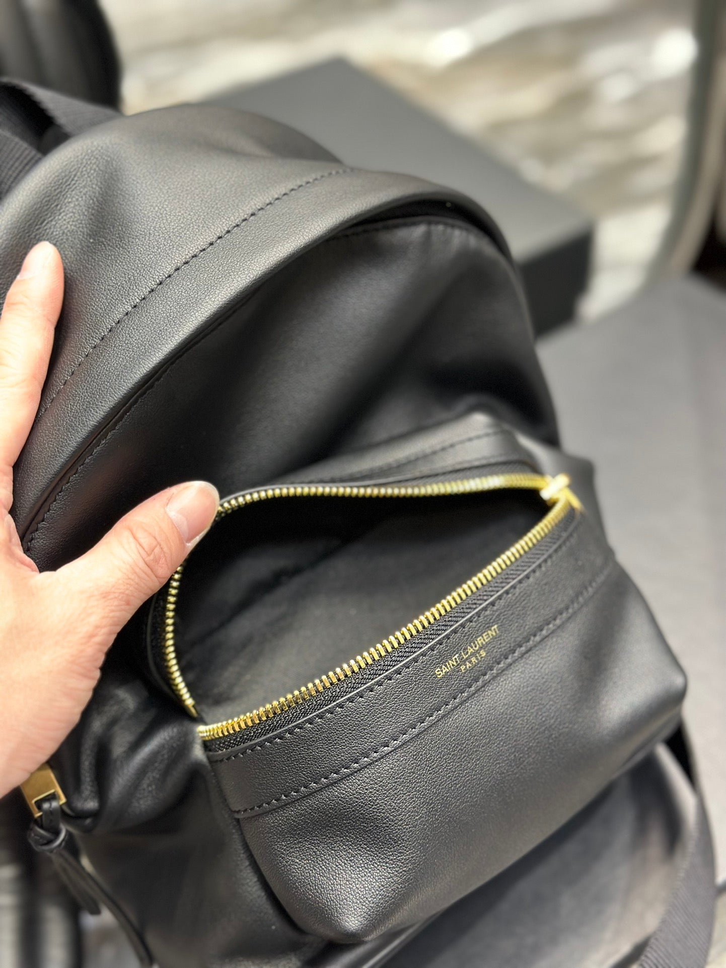Saint Laurent Black Leather City Backpack - Small Designer Rucksack with Gold Zipper