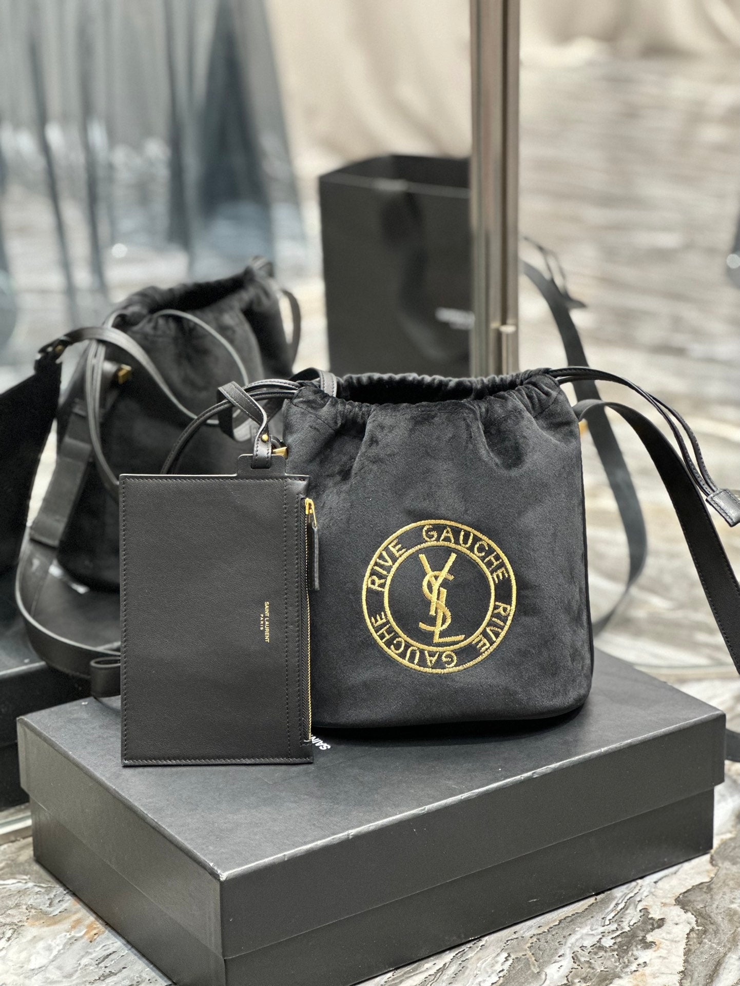 Saint Laurent Rive Gauche Black Canvas Bucket Bag with Pouch