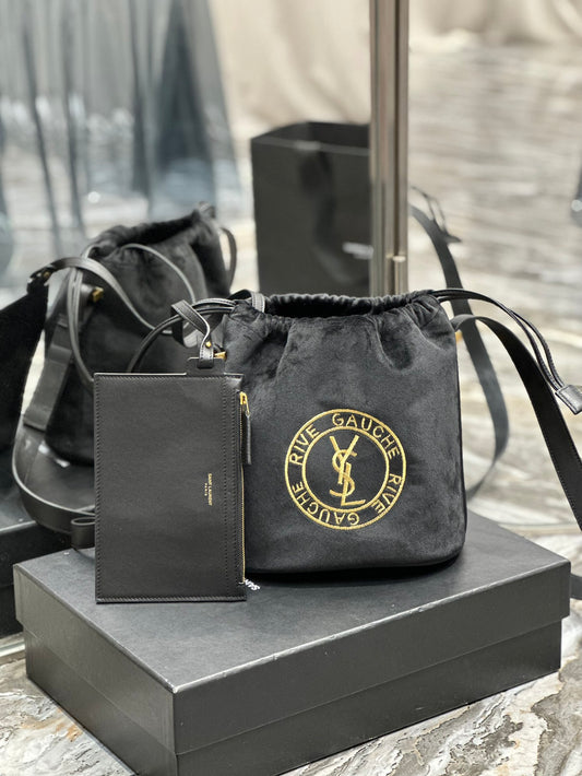 Saint Laurent Rive Gauche Black Canvas Bucket Bag with Pouch