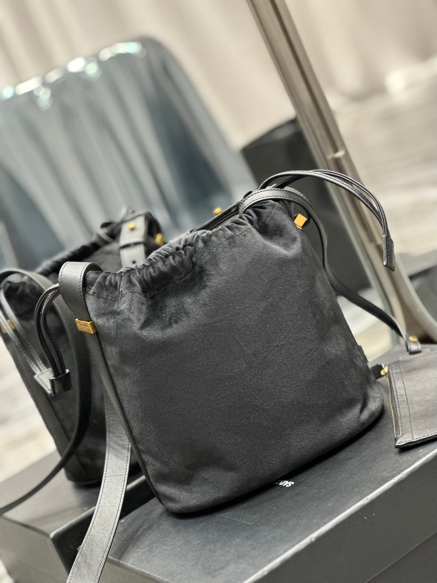 Saint Laurent Rive Gauche Black Canvas Bucket Bag with Pouch