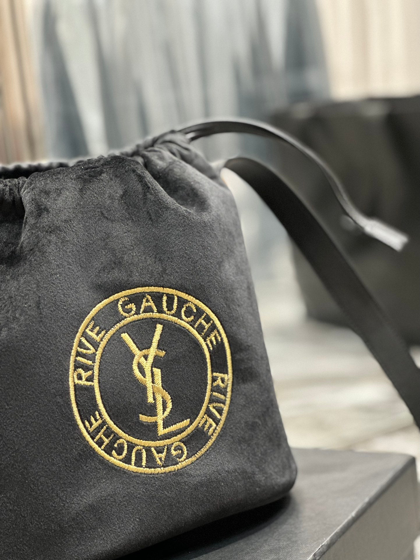 Saint Laurent Rive Gauche Black Canvas Bucket Bag with Pouch