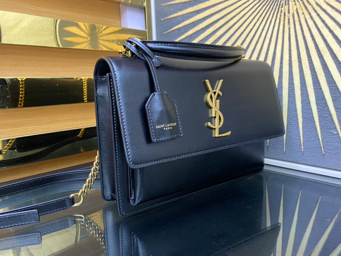 Saint Laurent YSL Sunset Medium Leather Top Handle Shoulder Bag - Black