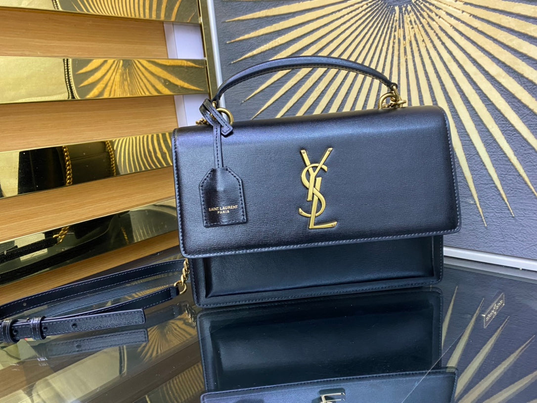 Saint Laurent YSL Sunset Medium Leather Top Handle Shoulder Bag - Black