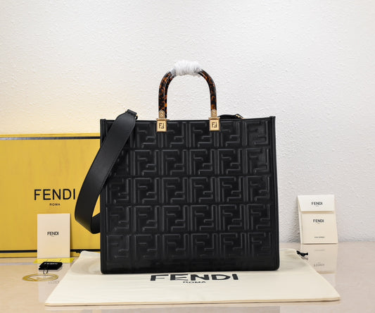 Fendi Sunshine Shopper Tote - Black Leather FF Embossed Bag