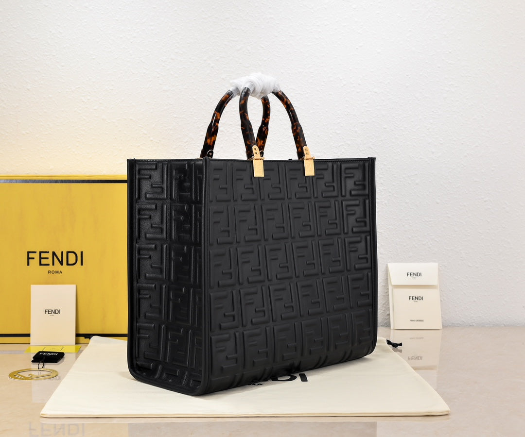 Fendi Sunshine Shopper Tote - Black Leather FF Embossed Bag